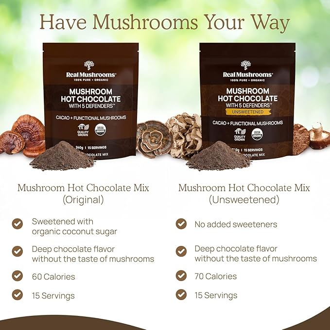 Real Mushrooms Organic Hot Chocolate Mix with Reishi, Turkey Tail, Chaga, Shiitake, Maitake – Cacao Powder Organic Mushroom– 5 Defenders Mushroom Cacao Powder, Vegan, Gluten-Free, 15 Servings
