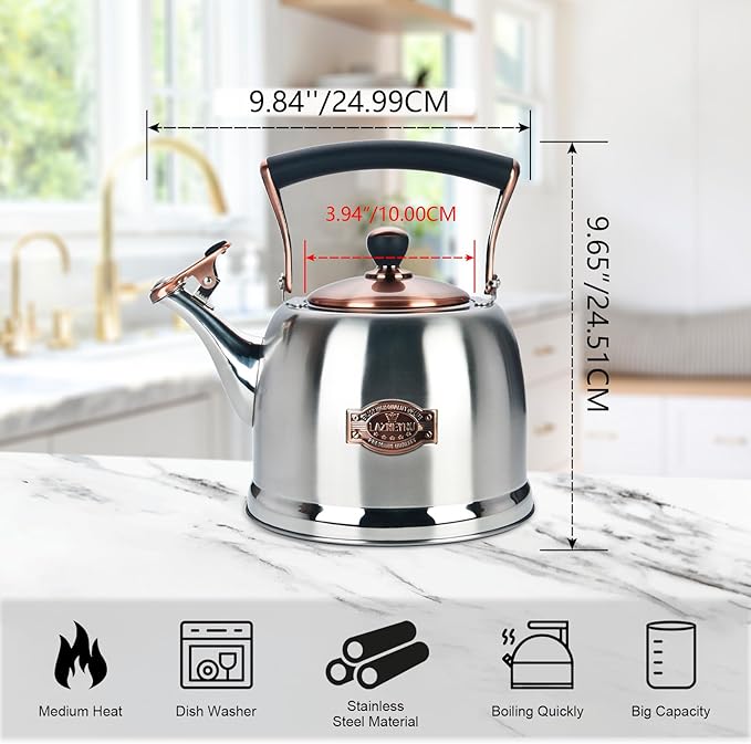 Tea Kettle Stainless Steel Teapot, Stainless Steel Teakettle for Stove Top with Heat Proof Ergonomic Handle 3.0 Quart