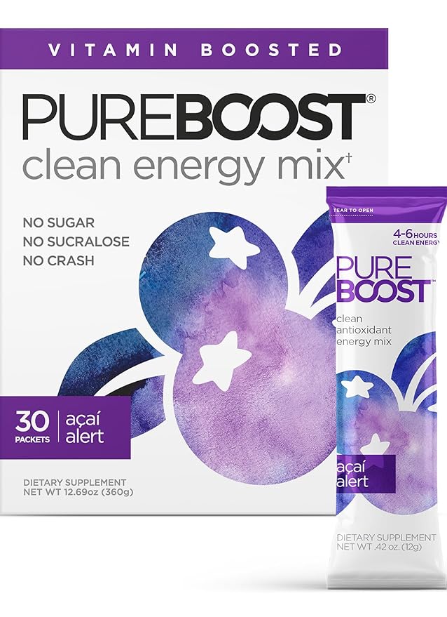 Pureboost Clean Energy Booster, Refreshing Energy Drink Mix with B12 Vitamins, Electrolytes, Antioxidants, Sugar-Free with No Sucralose (Acai Alert, 30 Count)