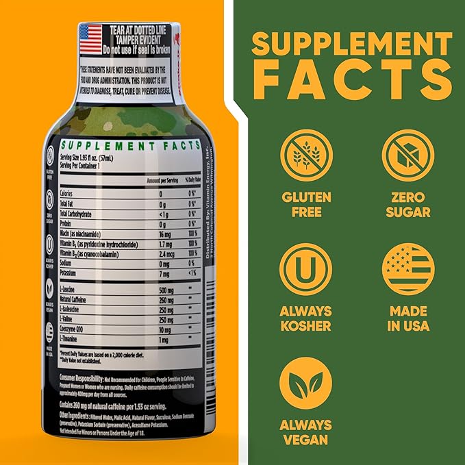 Vitamin Energy Immune+ Extra Strength Energy Shot Army Orange 24 Pack, 260mg Natural Caffeine, B-Vitamins, Citicoline, Green Tea, Immunity & Focus Support, Zero Sugar, Gluten-Free 1.93 fl oz