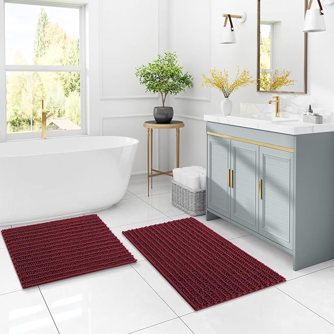Arotive Luxury Chenille Bathroom Rug Mat, Extra Soft Thick Absorbent Shaggy Bath Rugs, Non-Slip Machine Wash Dry, Plush Bath Mats for Bathroom, Shower and Tub, 59x35, Burgundy