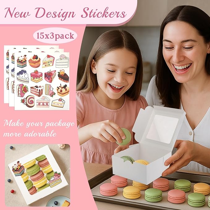 OAMCEG 30 Pack Cookie Boxes with Window 6x6x3 Inches White Bakery Treat Boxes with Stickers & Twine for Pastry, Desserts, Strawberries, Cupcakes, Gift Giving