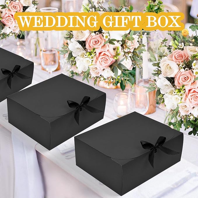 WLUSEAXI 12Pack Gift Boxes, 10x10x4 Inches Bridesmaid Proposal Box, Black Boxes For Gifts, Paper Gift Box With Ribbon For Presents, Wedding, Bridal Shower, Baby Shower，Birthday Party，Graduation