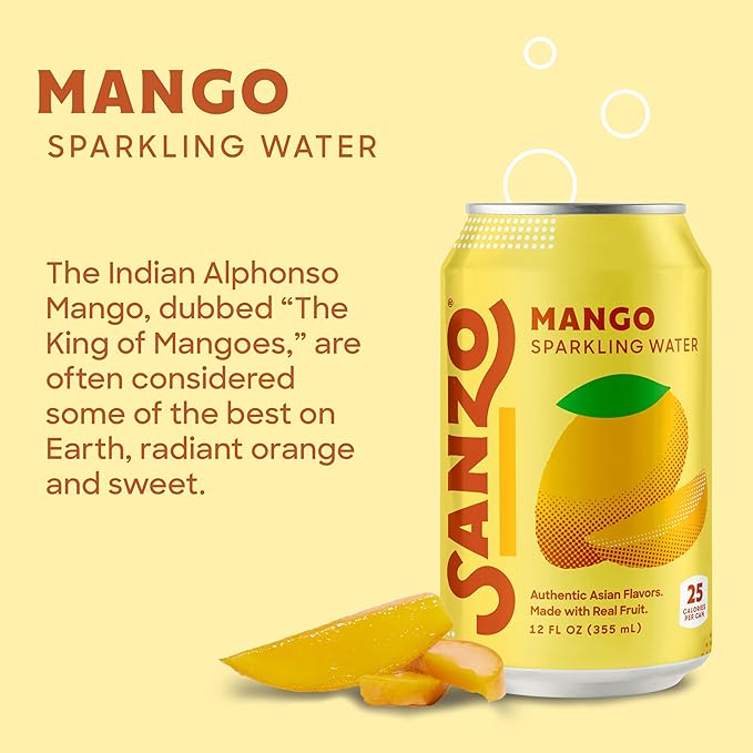Sanzo Flavored Sparkling Water - Mango Soda Seltzer - Low Calorie Low Sugar Soda - Craft Asian Drinks - Vegan Gluten Free Carbonated Flavored Water - Fizzy Bubbly Healthy Drinks - 12oz, 12 Pack