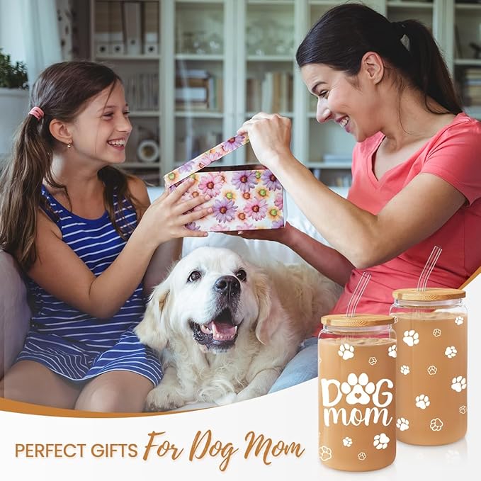 Dog Mom Cup 16 Oz Can Glass Coffee Mug with Bamboo Lid & Straw - Dog Lover Gifts for Women - Dog Mom Gift for Birthday Mothers Day
