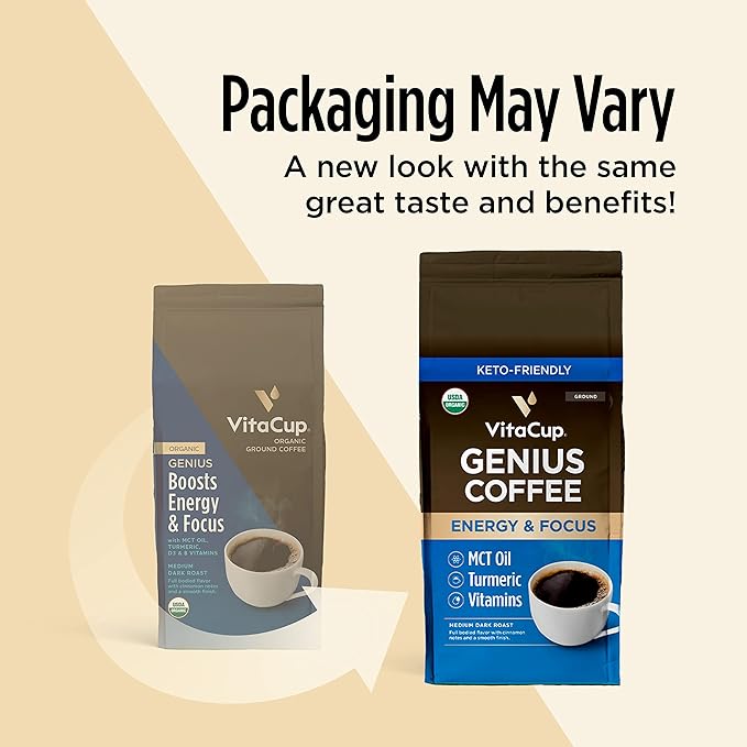 VitaCup Organic Genius Ground Keto Coffee, Increase Energy & Focus w/MCT Oil, Turmeric, B Vitamins, D3, USDA Organic Ground Coffee Medium Dark Roast, 100% Arabica Coffee Grounds, 3 bags, 10 oz each