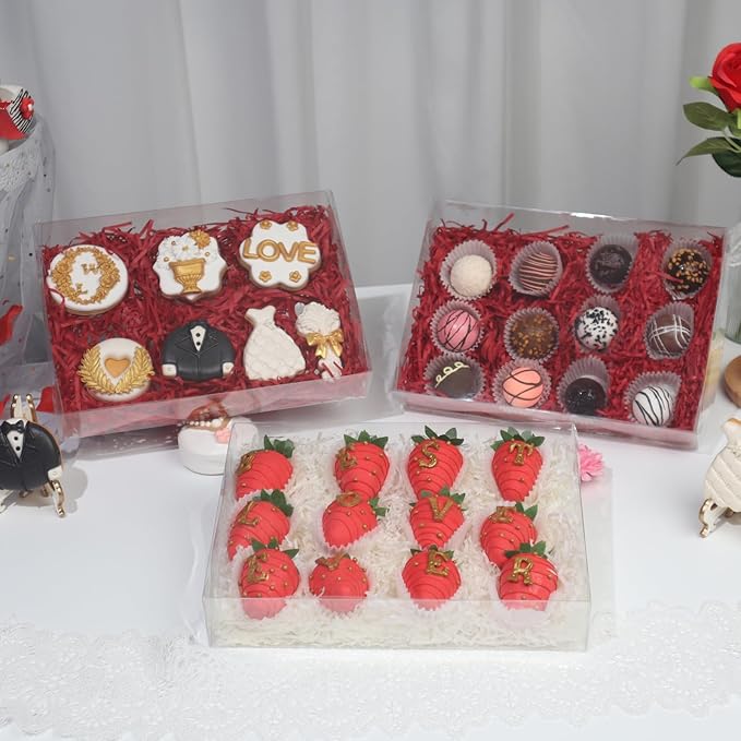 RomanticBaking 10PCS 10x7x2 inches Clear Bakery Boxes for Strawberry,Cookies, Macaron,Gift Treat Boxes for Party Favors