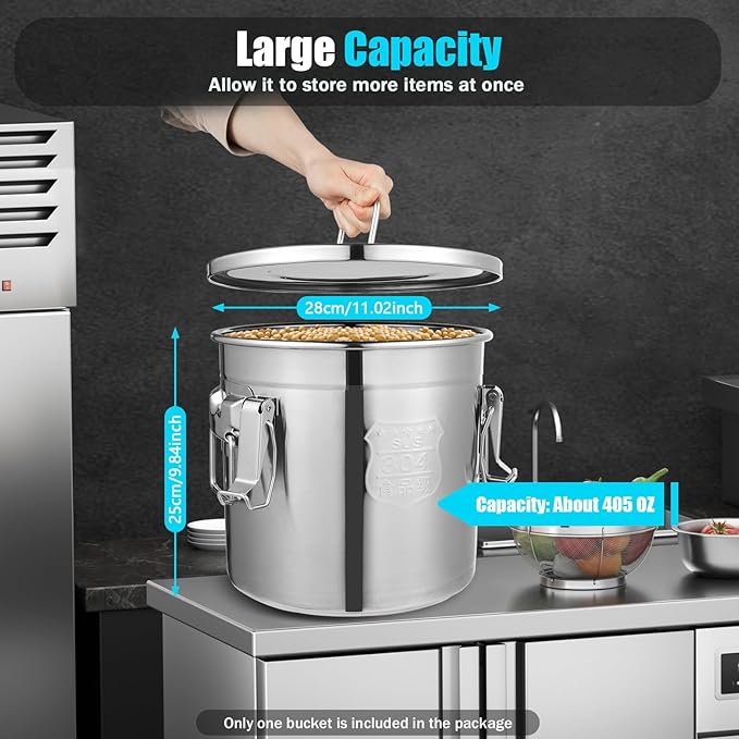 PERFERATE 304 Stainless Steel Airtight Canister 6L/12L Food Storage Bucket with Lids and Sturdy Locking Clamp Metal Cereal Rice Storage Container for Flour, Coffee Bean, Sugar, Cookie (6L)