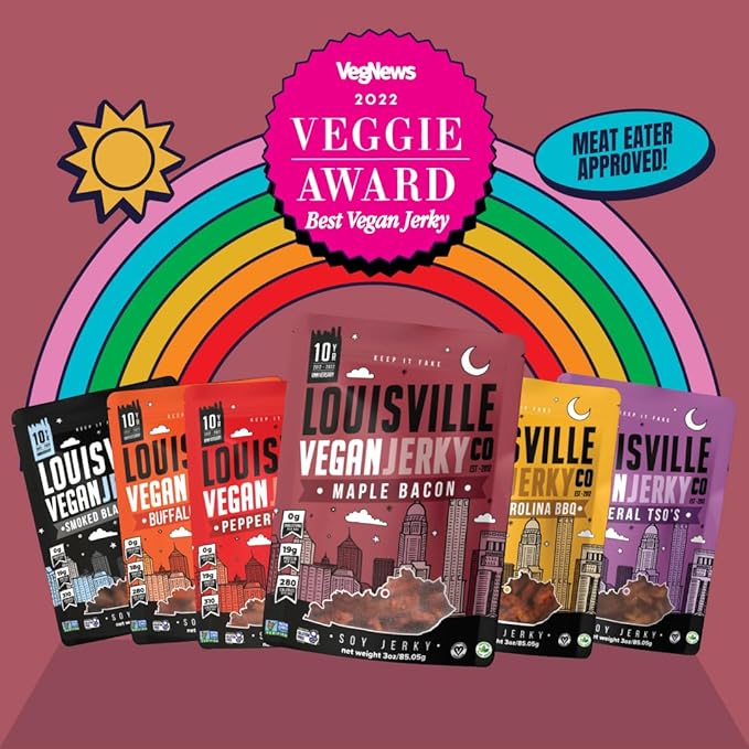 Louisville Vegan Jerky Co. Best Sellers 1 Variety Bundle Vegan Jerky 3 oz. 3 pack (Smoky Carolina BBQ, Smoked Black Pepper, Maple Bacon)