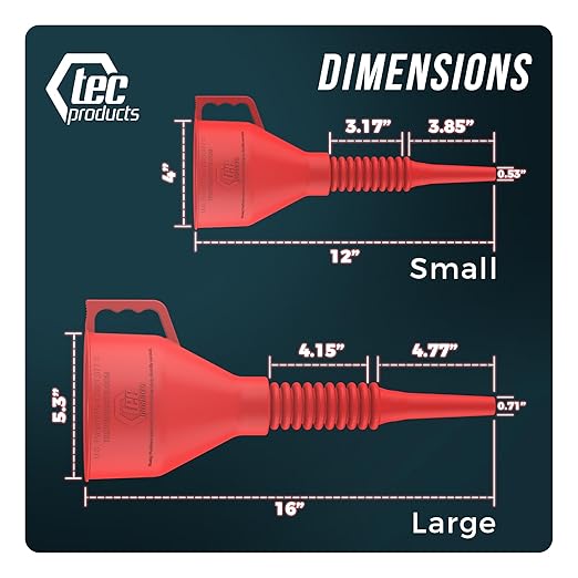 FlexAll Long Flexible Funnel for Automotive Use - Durable Nitrile Rubber - Ideal for Car Oil Change, Transmission Funnel Fluid, Diesel, Fuel, Gas - Made in USA - Red (12 x 4 Inches)