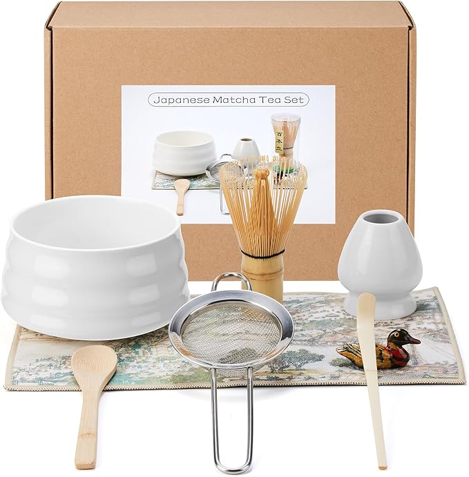 Japanese matcha set, matcha whisk and bowl, matcha sieve, matcha whisk holder, and matcha spoon - 8pcs Matcha Set (white)