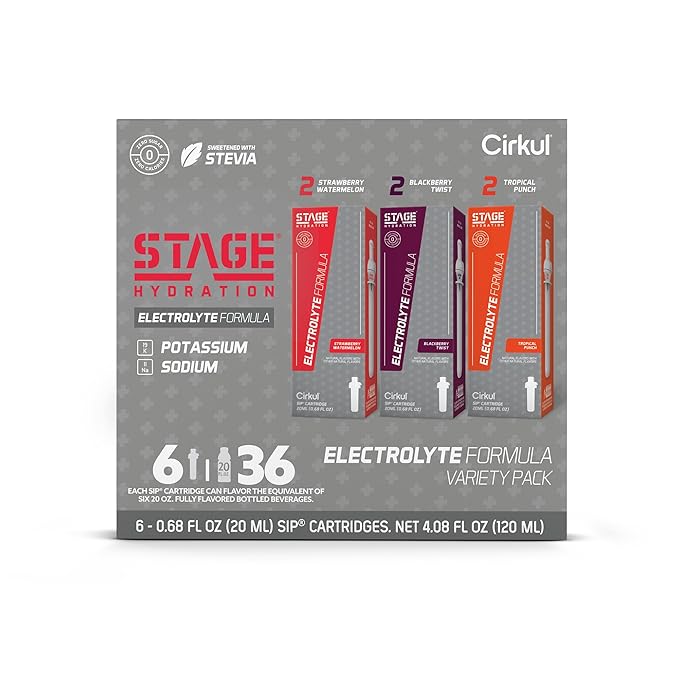 Cirkul Stage Electrolytes and Stevia Flavor Water Variety Pack, Makes 36 Drinks, No Sugar, Zero Calorie Drink Mix, (2 Strawberry Watermelon, 2 Tropical Punch, 2 Blackberry Twist)