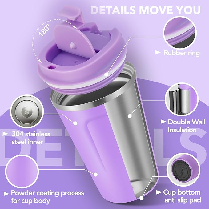 Volhoply 12 oz Double Wall Insulated Vacuum Travel Coffee Mug with Flip Lid,Reusable Stainless Steel Leak Proof Coffee Cup,Portable Cafe Thermal Tumbler Suitable for Hot & Cold Drinks(Purple,1 Set)
