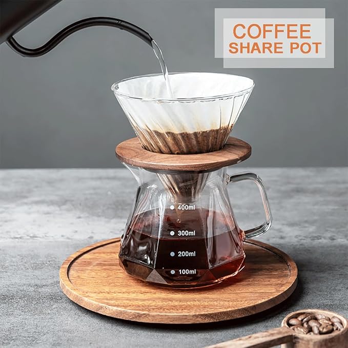 Glass Coffee Server for Drip Coffee Maker, Diamond Fashion Design Glass Coffee Carafe, Coffee Pot with Lid, Clear, 400ml(13.5oz)