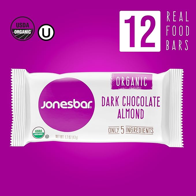 JONESBAR Organic Plant Based Protein Bars | Dark Chocolate Almond | Fruit & Nut Bar, Kosher, Gluten Free, Breakfast Bars, School Snacks, Vegan Snack & Healthy Snacks for Adults and Kids (Pack of 12)