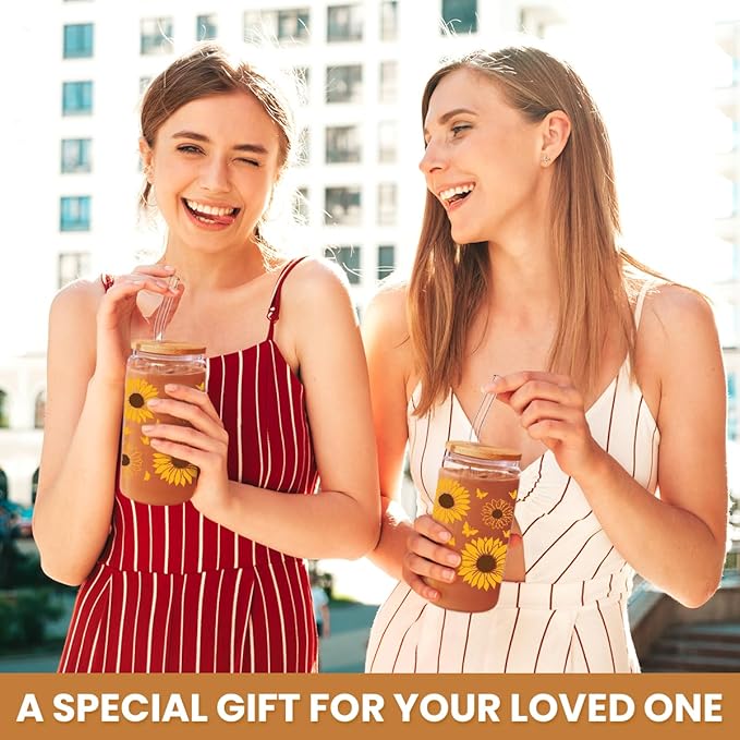 Sunflower Gifts for Women - Sunflower Cup 16 Oz Can Glass Coffee Cups with Bamboo Lid and Straw - Gift for Birthday