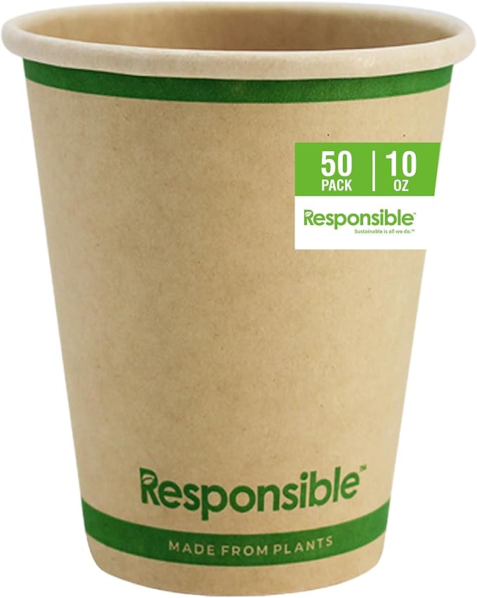 Certified Compostable 10 oz Paper Cups, Cold ＆ Hot Coffee Cups, Disposable Paper Cups, Extra Strength Disposable Cups, Made without PFAS (50 count)