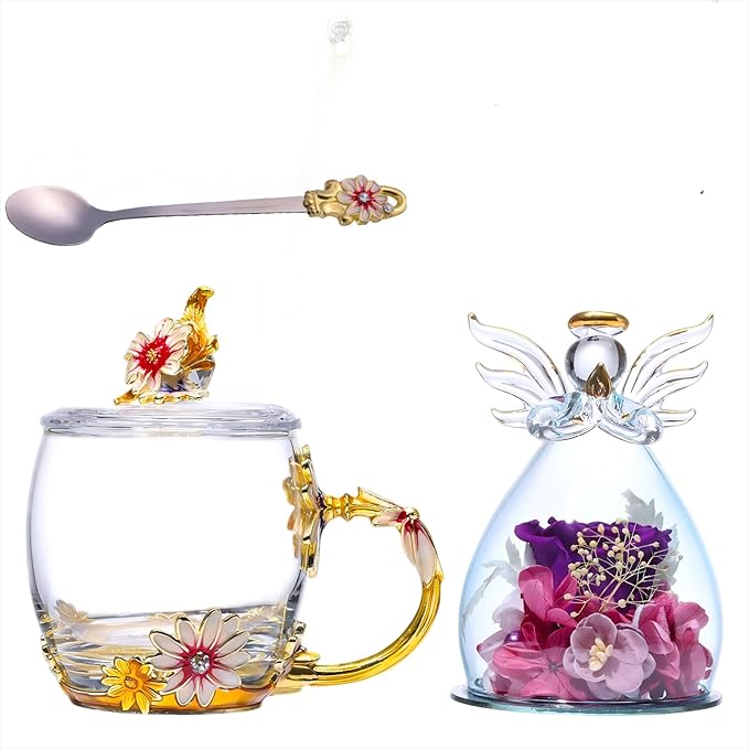 ANLUNOB Preserved Flower Rose in Angle Tea Coffee Mug with Spoon Artisan Enamel Glass Tea Cup Elegant Floral Design Birthday Anniversary Mother Day Valentines Gifts for women mom grandma friends