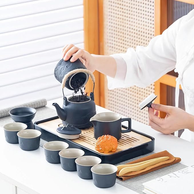 ICHAG Chinese Tea Set, Japanese Tea Sets for Adults, 15-Piece Porcelain Gongfu Tea Set with Tea Pet & Tea Tray, Japanese Teapot Set, Travel Tea Party Set, for Home/Office/Outdoor/Gifts (Black)