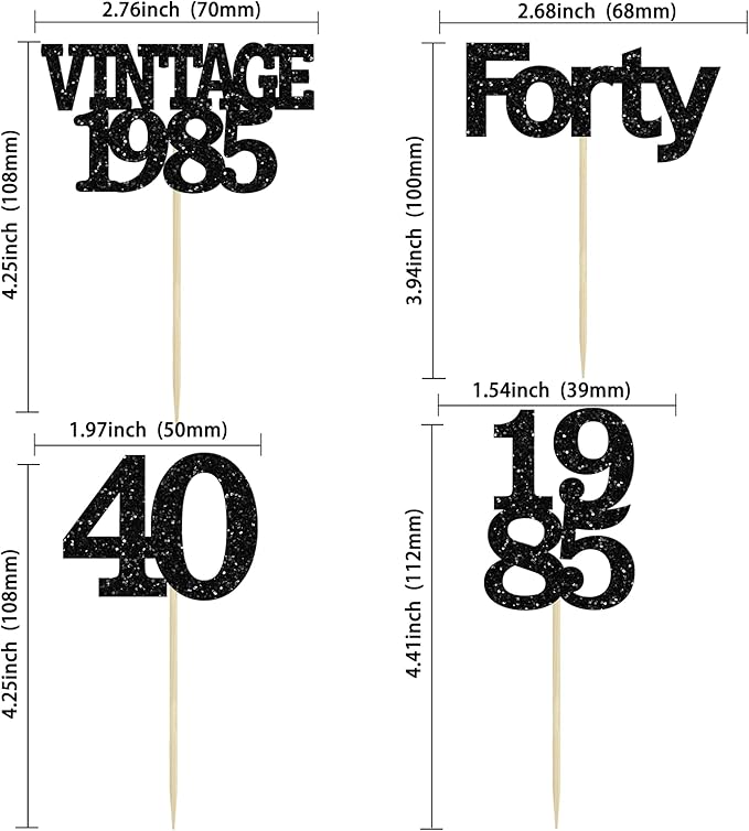 Gyufise 24Pcs Vintage 1985 Cupcake Toppers Glitter Cheers to 40 Fabulous Forty Cupcake Picks 40th Birthday Wedding Anniversary Party Cake Decorations Supplies Black