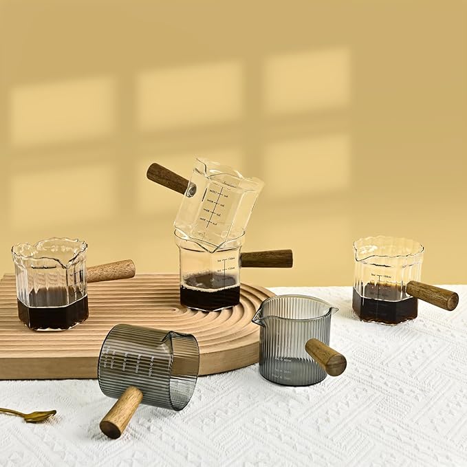 Glass Measuring Cup, 5oz Espresso Shot Glass with Wood Handle, Single Spout Measuring Triple Pitcher Milk Cup for Coffee Tea (Transparent Ribbed)