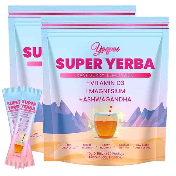 30 Servings Super Yerba Packets，Yerba Mate Instant Tea Powder，Super Yerba Raspberry Lemonade Flavor，Energy Boost,Mental Clarity and Gut Health by Ashwagandha, Prebiotics and Probiotics (2)