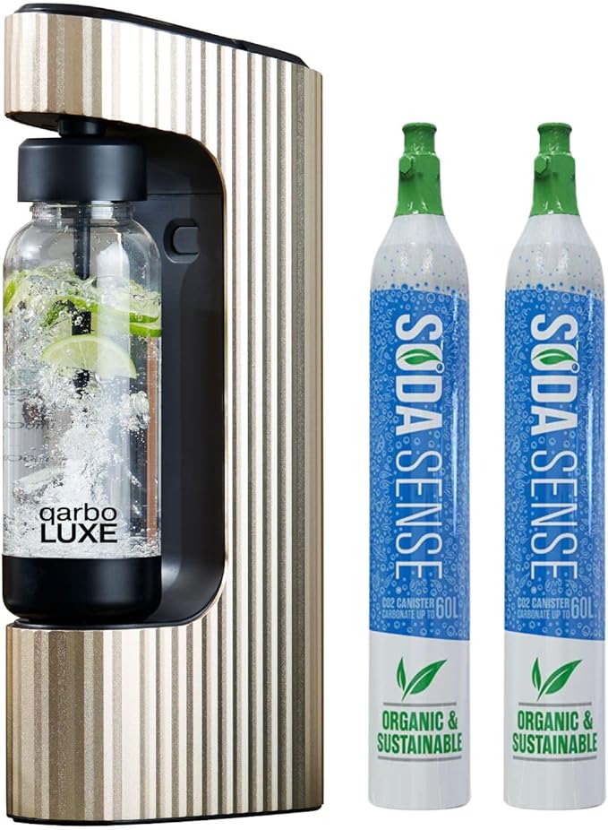 Twenty39 qarbo LUXE Premium Metal Sparkling Water Maker Machine - Soda Beverage Carbonator for Home, Seltzer Water Carbonation Fizz Maker (includes two CO2 cylinders)