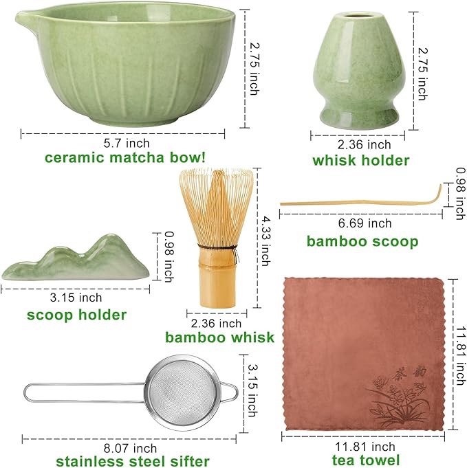 MONOJOY Matcha Whisk Set Ceramic Bowl Kit with Spout, Bamboo Chasen and Holder, Scoop Rest,Sifter Tea Towel Ceremonial Cute Matcha Tea Making Tool,Gift Perfect for Latte Lovers | Beginners,7pcs