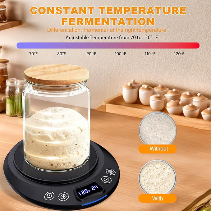 Sourdough Starter Warmer Set – Precise 1°F Thermostat (70-120°F), 24H Timer, Smart Memory Warming On/Off - Fits Jars Up to 40oz, Sourdough Kit for Home Baking (Black)