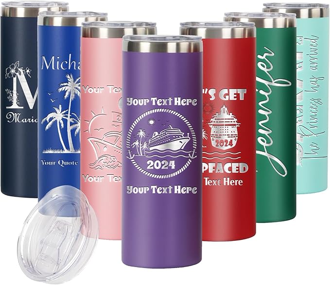 Personalized Skinny Tumbler Gift by iProductsUS. Stainless Steel with Spill-Proof Slider Lid and Straw - Customized Vacuum Insulated Holaday Mug. Several Designs and 10 Colors 20oz (Light Purple)