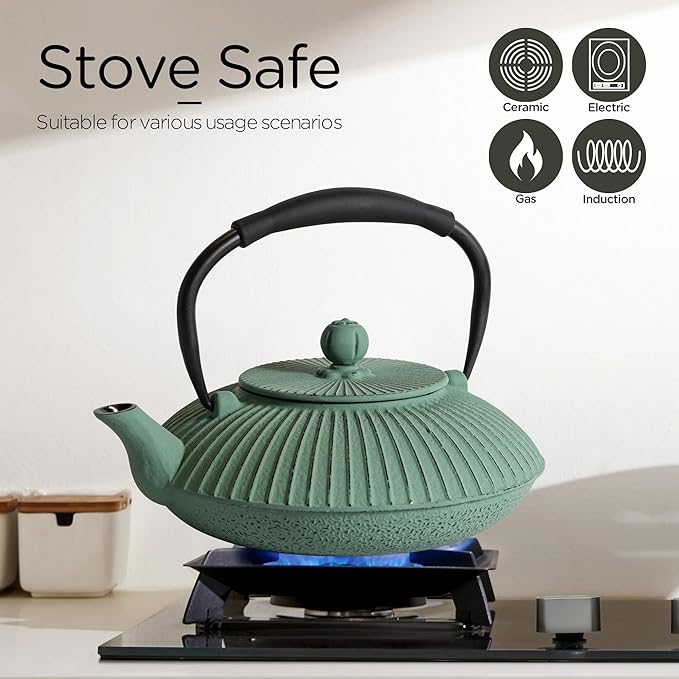 Cast Iron Teapot Set with 2 Tea Cups, 7Pcs Japanese Tea Kettle with Stainless Steel Infuser, Tea Pot Coated with Enameled Interior, Line Pattern, 27oz 780ml Green