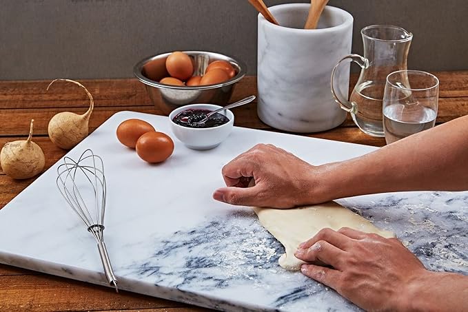 JEmarble Pastry Board 16x20 inch Set with Rolling Pin/Wooden Handles 18 inch(White) Non-Slip Rubber Feets for Stability Perfect for Keep the Dough Cool and Chocolate Tempering(Premium Quality)