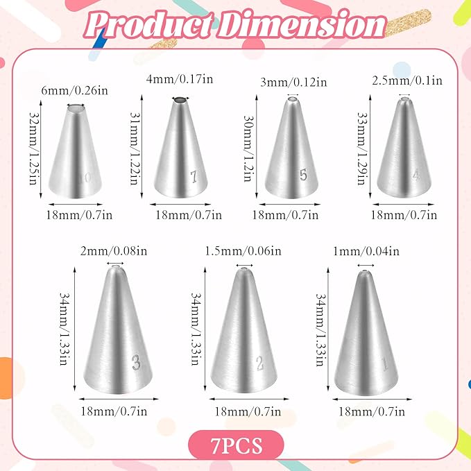 7 Pcs Small Round Piping Tips Set, Stainless Steel Cake Frosting Nozzles Professional Cake Decorating Tips Cupcake Icing Supplies for Baking Cookies Fondant Cream Bag Filler