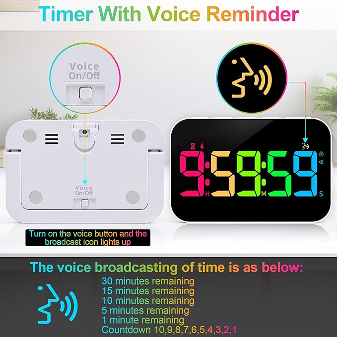 Kitchen Timer for Cooking, 10 RGB Color Rechargeable Digital Magnetic KidsTimer with Voice Reminder, Countdown/Up, 5”LED Display 3 Brightness 4 Volume Adjustable for Kids Classroom Home Gym-RGB