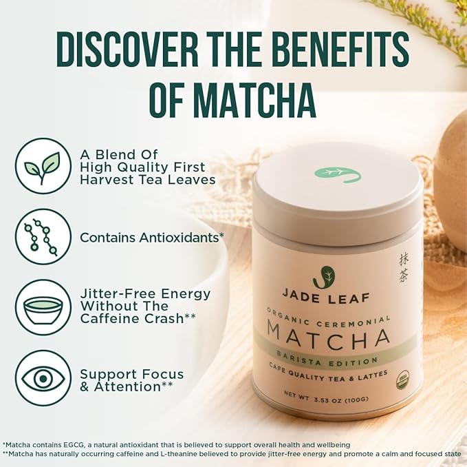 Jade Leaf Matcha Organic Premium Ceremonial Grade Matcha Green Tea Powder - Japanese - Culinary, Ingredient, Ceremonial Barista Teahouse, Latte, Collagen, 1.76 Ounce (Pack of 1), Ceremonial Barista