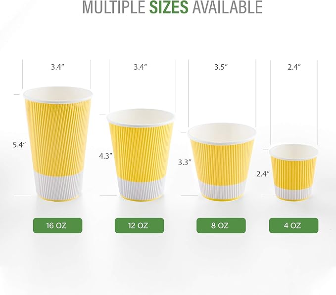 Restaurantware 16 Ounce Double Wall Disposable Coffee Cups, 500 Insulated Light Yellow Paper Tumblers with Ripple Wall Design, Lids Sold Separately for Hot Drinks like Tea, Hot Chocolate and More