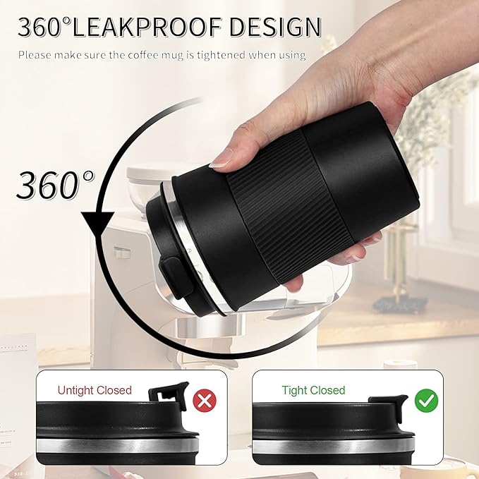 YINBAOGE Insulated Travel Coffee Mug Spill Proof Leak Proof Pobtable To Go Camping Stainless Steel Coffee Tumbler Reusable Coffee Cups with Lids Thermos for Hot and Cold Drink (Black, 17 OZ)