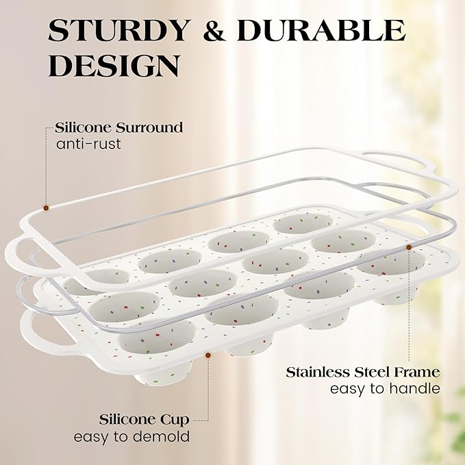 8 Pcs Silicone Muffin Pan Set, 12 Cup Regular and 24 Cup Mini Nonstick Muffin Tray with 6 Pcs Utensils, Silicone Muffin Pan for Baking with Metal Reinforced Frame BPA Free (8 Pcs, Cream)