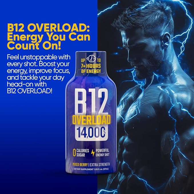 B12 Overload Extra Strength Energy Shot – Mixed Berry – 260mg Caffeine, 14000% B12, Electrolytes – Energy & Vitality Support – Zero Sugar No Calories – Vegan, Kosher, Gluten-Free – 1.93 fl oz, 24-Pack