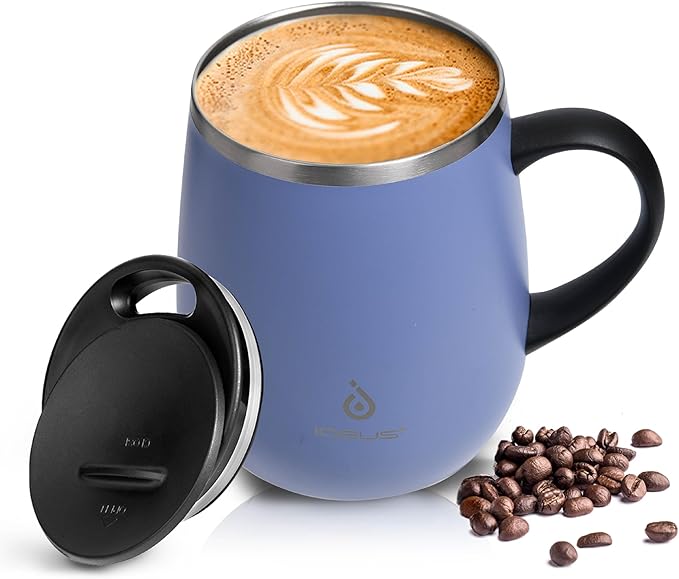 Ideus 16 oz Insulated Coffee Mug with Handle and Lid, Double Wall Stainless Steel Vacuum Thermal Coffee Mug, Travel Coffee Cup Thermal Cup for Home and Office, Ocean Blue