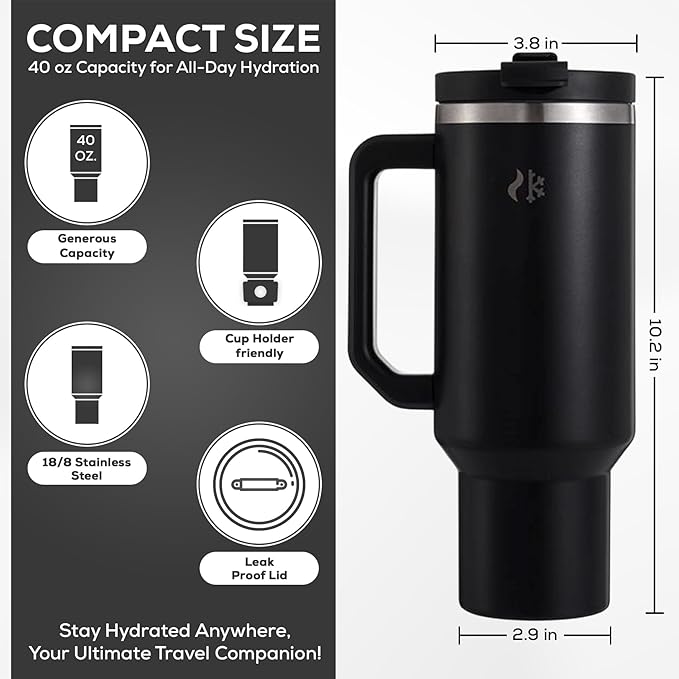 40 oz Tumbler with Handle and Straw, Dual feature Lid, Vacuum Insulated for Hot & Cold, Stainless Steel, includes Silicone Boot & Cleaning Brush