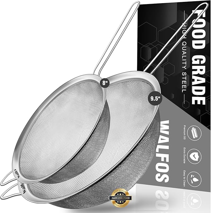 Walfos Large Fine Mesh Strainer 9.5" & 8", Stainless Steel Mesh Sieve with Sturdy Handle, Kitchen Metal Food Strainers for Quinoa, Rice, Pasta, Fruits, Vegetables, etc., Set of 2