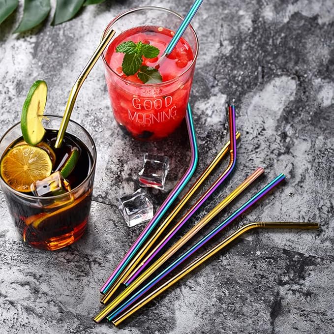 [24 PCS] Value Pack Reusable Stainless Steel Straws in Bulk Extra Long 10.4 inch Colorful,Tomorotec Metal Straw Sets with Cleaning Brushes,12 Straight 12 Bent For Tumblers Beverage Drink Cocktail
