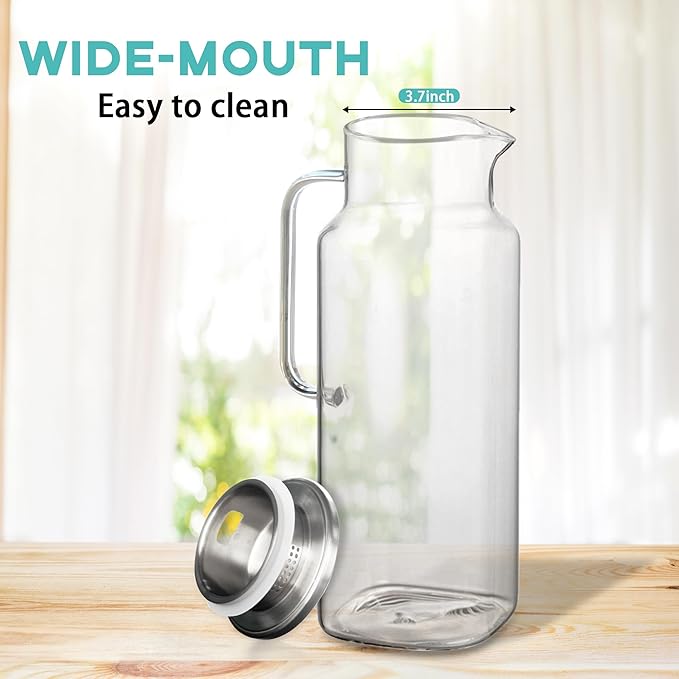 68 Oz Square Glass Pitcher with Lid and Spout, 2 Quart Lightweight Water Pitchers for Hot/Cold Drink, Heat Resistant, Borosilicate Jugs, Glass Carafe with Handle,Ideal for Fridge Storage(1Pack)