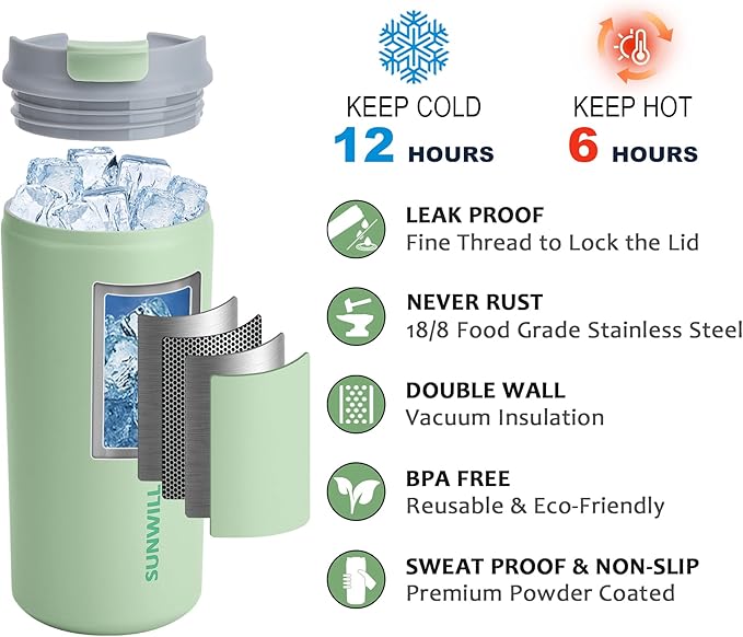 SUNWILL Insulated Coffee Mug with Lid, Leak Proof Tumbler Stainless Steel, 12 oz Travel Cup for Office, Home, Powder Coated Matcha
