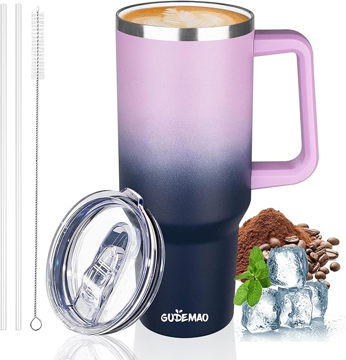 40 oz Insulated Coffee Mug with Ceramic Coating, Stainless Steel Travel Mug Tumbler with Handle Lid and Straw, Double Wall Leak-Proof Coffee Travel Mug Keeps Drink Hot and Cold (Purple Navy)