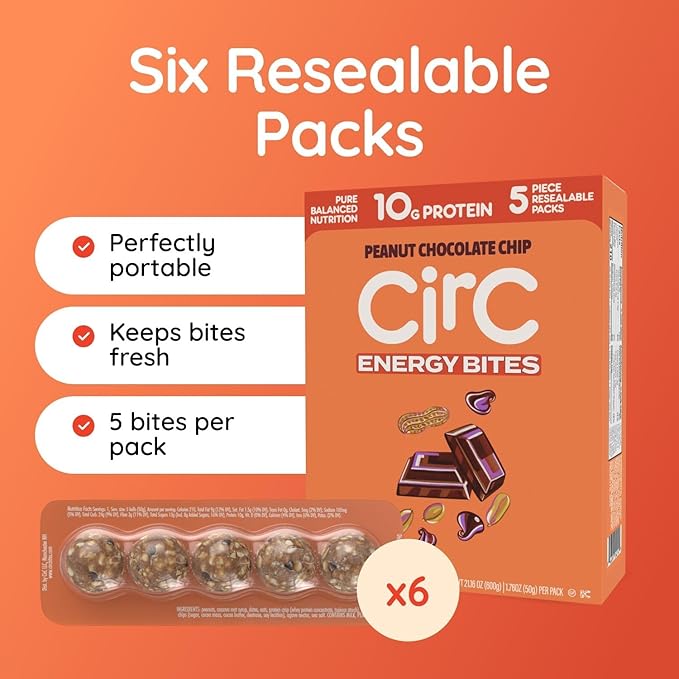 CirC Energy Bites - 6 Pack Peanut Chocolate Chip Gluten Free Protein Balls -10g Protein, Whole Grains, Nuts & Fruit - Portable Healthy Snacks for Adults & Kids, 5 Piece Resealable Packs