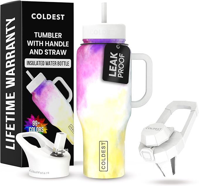 Coldest 40 oz Tumbler with Handle and Straw, 100% Leak Proof Insulated Tumbler with Lid and Straw (3 Lids), Stainless Steel Tumblers for Women & Men, Cup Holder Friendly, 36 oz (Clouds of Tie Dye)