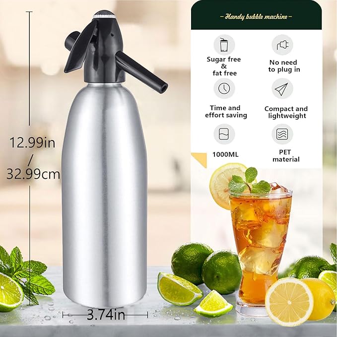 Soda Siphon,1L Soda Maker Portable Sparkling Water Maker for Home & Outdoor, Aluminium Carbonated Water Machines, Seltzer Water Maker for Making Soda,Cocktails, Use 8g CO2 Cartridges (Not Included)