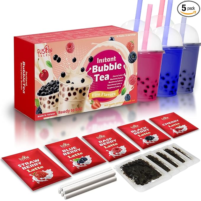 Fusion Select 5 Packs Bubble Tea Kit Extra Rich Blueberry, Raspberry Strawberry Blackberry Cherry Boba Tea Kit Drinks, Boba Tapioca Pearl, Straws, Various Tea Set Flavors